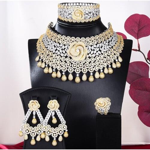 Brand New 4 PCS Shiny Luxury Princess Bangle Earrings Necklace Ring Jewelry Set Brides Wedding Jewellery Full Cubic Zirconia