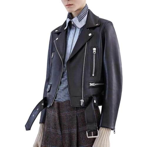 2021 Autumn New Black PU Leather Jacket Womens Slim Jacket Short Coat Motorcycle Suit