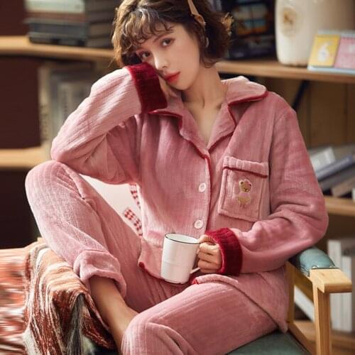 Autumn Winter Pajamas Set Cartoon Cute Home Clothes For Womens Sleepwear Flannel Warm Nightwear Long Sleeve Home Suit Pyjamas