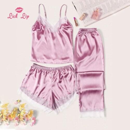 Lick Lip Three-piece Suit Large Size Satin Fabric Ladies Pajamas Set Sling Lace Sleepwear Elegant Comfort Home Wear SWD13892-30