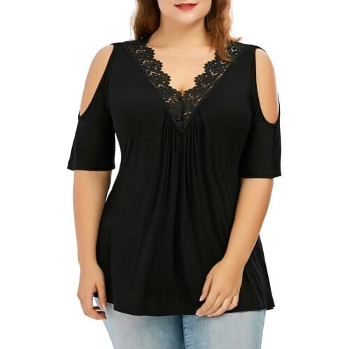 5XL Big Size Summer Cold Shoulder Shirts Fashion Womens blusas Plus Size Lace Trim V Neck Cold Shoulder Strapless Tops Blouse