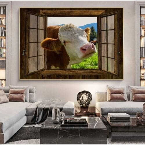 SELFLESSLY Cow Window Canvas Prints Abstract Wall Painting Animal Posters HD Pictures For Wall Art For Living Room Home Decor