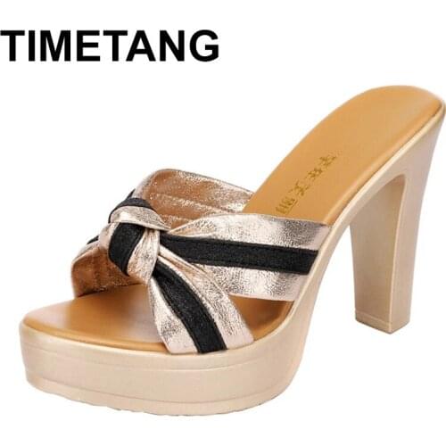 TIMETANG Plus Size 32-43 Open Head Block Heel Platform Slippers Summer 2021 Stripe Elegant High Heels Slides Office Party Shoes