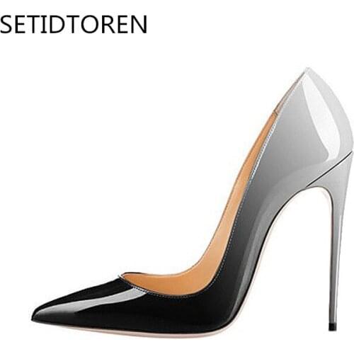 Women Sexy High Heels Gradient Color Patent Leather Pumps 12cm Stiletto Shoes Pointed Toe Thin Heels Party Wedding Shoes