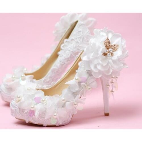 Wedding Shoes Lace Sequins Flowers Princess High-heeled Shoes Womens Single Brides Shoes Elegant Pearl Plataformas Mujer Pumps
