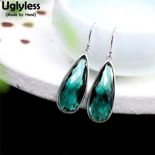 Uglyless Faceted Green Crystals Water Drop Earrings for Women Island Wind Summer Dress Earrings Real 925 Sterling Silver Brincos