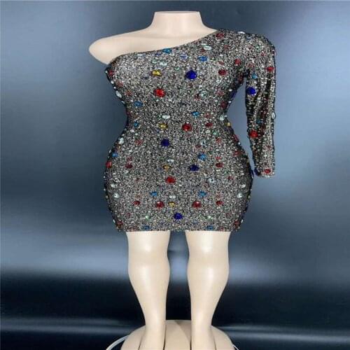 V63 Sexy ballroom dance costumes singer perform rhinestones nude evening short dress colorful crystal stretch skirt one-shoulder