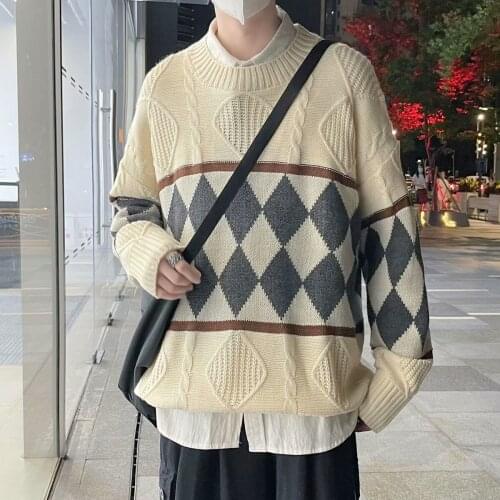 Knitted Sweater Long Sleeve O-neck Casual Thick Pullover Retro Jacquard Tops Male Clothes Loose Oversized Coat Autumn Winter