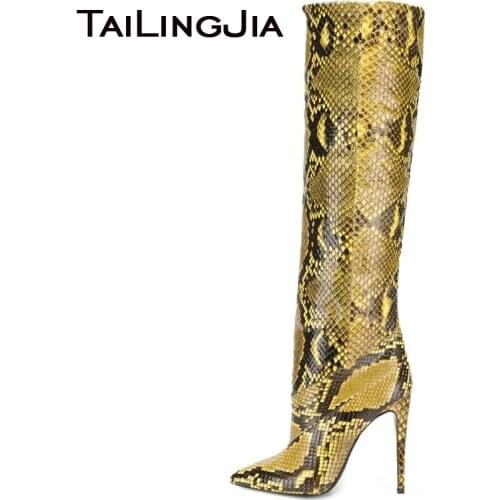 Snake Print Women Knee High Boots Stiletto High Heel Long Boot Sexy Pointed Toe Large Size Party Dress Shoes 2019 Winter Boots