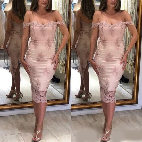 2020 Pink Prom Dresses Sheath Off Shoulders Back Split Women Cocktail Gowns Appliques Tea Length Party Dress Wears