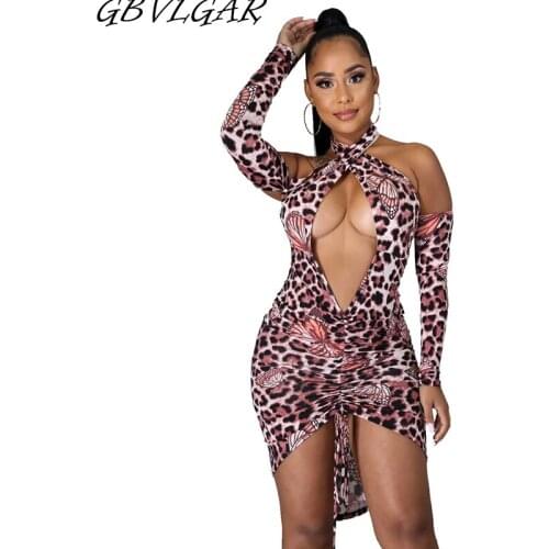 Sexy Long Sleeve Hollow Out Print Leopard Halter Mini Dress Women Cold Shoulder Bodycon Drawstring Backless Clubwear Vestido