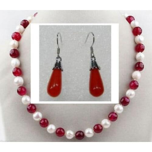 7-8 mm Round Freshwater Pearl Red bead Necklace & Earrings 20"
