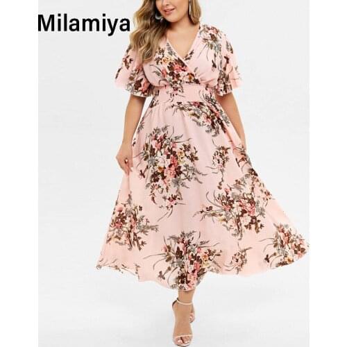 Large Size Ladies Floral Print Dress 2021 Flower Summer Dress Plus Size Women Casual Short Sleeve V-neck Woman Dress Sukienka