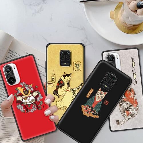Cover For Redmi Note 10 9 8 7 Pro Max Japanese cat art TPU Bumper Cellphone Shell for REDMI K40 K30 K20 9i 7a 6a Soft Black