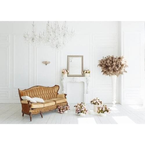 White Living Room Vintage Sofa Flowers Photo Backdrop Vinyl Cloth Background for Home Lovers Wedding Photocall Photography Props