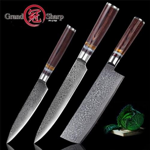 Grandsharp 3 Pcs Damascus Knife Set Nakiri Slicing Utility Kitchen Knives vg10 Japanese Damascus 67 Layers High Carbon Knives
