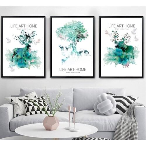Nordic Style Emerald Green Watercolor Painting Elk Poster Canvas Paintings Wall Art Pictures for Living Room Office Home Decor