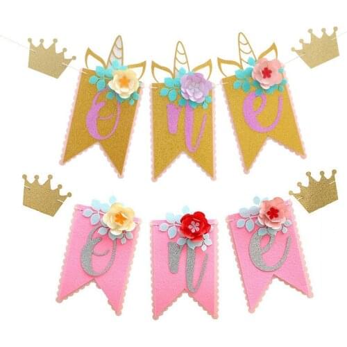 JQSYRISE 1Set 1st Birthday Party Decor Unicorn ONE Year Banner Baby Shower Kids First Birthday Chair Bunting Garland Supplies