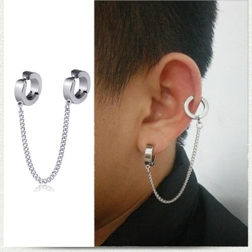 Black Punk Ear Stud Mens Non-Allergic Earrings Titanium Steel Ear Clip Pierceless Ear Stud Cross Tassel Chain Ear Wrap