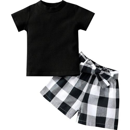 Infant Kids Baby Girls 2Pcs Clothes Set Summer Ribbed Knitted Tops Plaid Print Bow Shorts Toddler Outfit Sets
