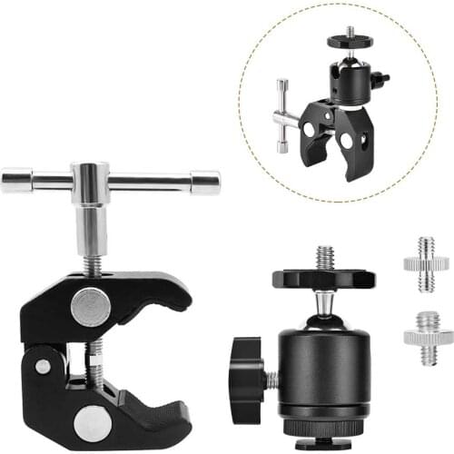 Super DSLR Clamp Mini 360 Degree Camera Ball Head Mount with Hot Shoe Adapter Crab Clamp Max Open 2.16in / 5.5cm Photography Pli