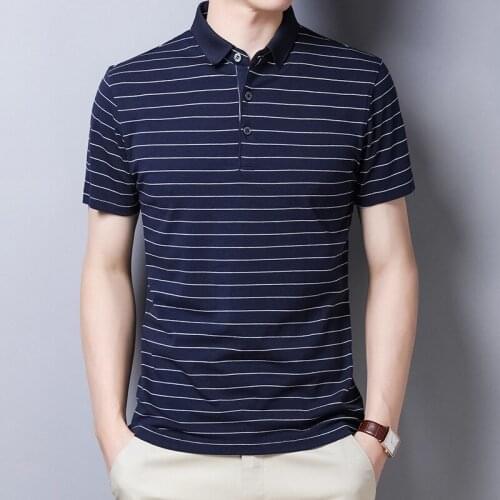 Mens Slim-fit Quick-Dry Polo Shirt Classic Short Sleeve Striped Polo-Shirts Men Casual Cotton Top Summer Lightweight Brand Blue