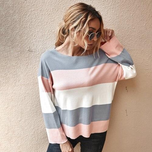 Autumn Winter Striped Knitted Sweater Women Fashion Office Lady O-neck Full Sleeve Pullovers Top 2020 New Balck Gray Oversize