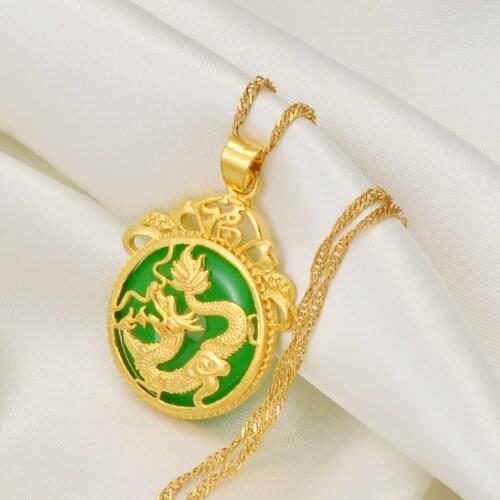 Anniyo Green Stone Dragon Pendant Necklaces Women Charm Amulet Chinese Culture Style Elements Necklace Jewelry New Style #201525