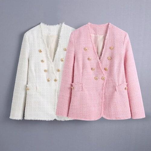 Tweed Women Solid Pink v neck Long sleeve slim Office Lady coat Female Double Breasted streetweaer jacket Ladies jacket