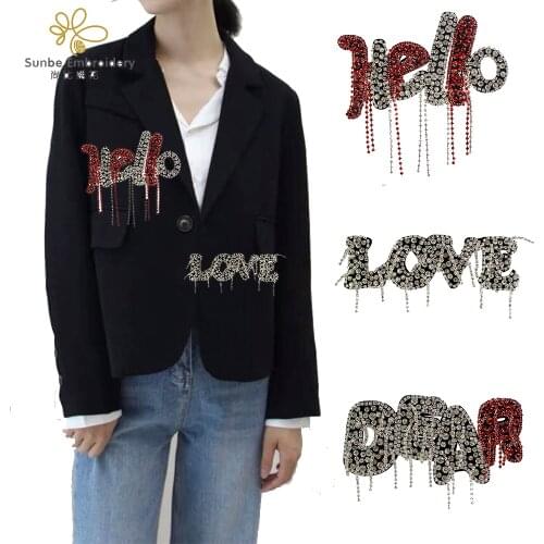 Letter Fringe Chain Handmade Crystal Beaded Patches Rhinestone Badges Diamond Appliques Sew on Love Hello Dear 5 pieces