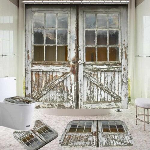 3D Old Vintage Wood Door Waterproof Bath Shower Curtain Rug Set Non-slip Bath Mat Toliet Cover Polyester Shower Curtain