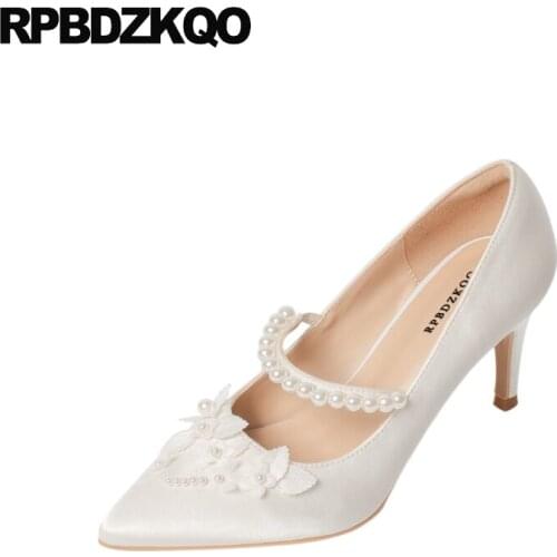 White Ivory Wedding Shoes 3 Inch Heels Floral Satin Flower Bridal Thin High Mary Jane Pointed Toe Bridesmaid Pearl Pumps Women