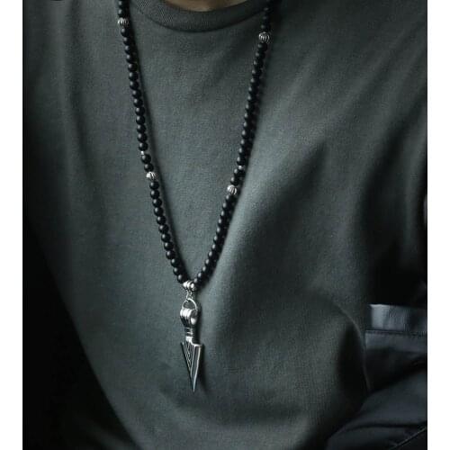 Unique Mens Necklace Stainless Steel Arrow Pendant Matte Black Glass Beaded Necklace Male Jewelry Dropshipping DNM07
