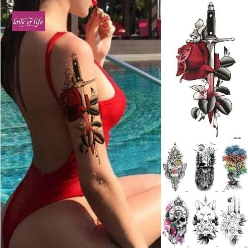 Waterproof Temporary Tattoo Sticker Rose Sword Snake Heart Flash Tattoos Owl Dragon Universe Body Art Arm Fake Tatoo Women Men