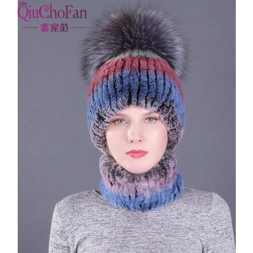 New Real Rabbit Fur Hat Scarf Set for Women Temperament Winter Accessories Fox Fur Ball Cute Thicken Hat and Scarf