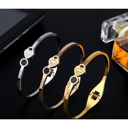 Trendy Lover Women Girls Charm Open Cuff Bangles 3 Colors Stainless Steel Heart Brand Bangles Luxury Wdiing Jewelry