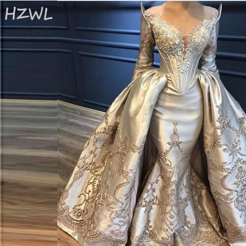 Dubai Sheer Neck With Applqiues Beads Prom Dresses Saudi Arabia Satin Long Sleeves Evening Gowns Overskirt Style Vestidos