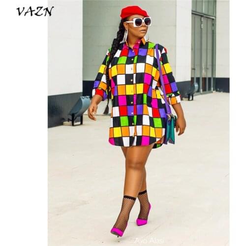 VAZN 2018 Hot Fashion Top Design Casual Women T shirt Dress Plaid Plaid Turn-down Collar Full Sleeve Mini Dress Vestido J6017