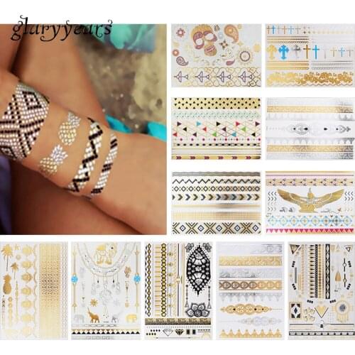 11 Sheets Metallic Tattoo Temporary Flash Sticker Elephant Skull Flower Lace Style Necklace Bracelet Tattoo Body Art Sticker New
