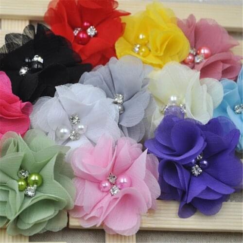 12 Colors Pearl Rhinestone Chiffon flowers Hair Accessories DIY Flower Bouquet Flowers Decorations No Hair clips A284