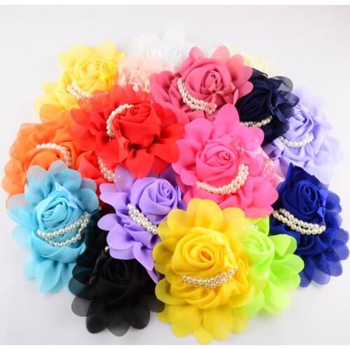 19pcs/lot 5.5 Inch Chiffon Hair Flower With Imitation Pearls And Cute Bowknot Hairbows DIY Accessories TH19