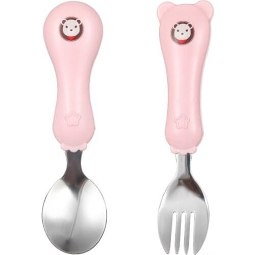 2Pcs/Set Child Toddler Cute Cartoon Cutlery Stainless Fork Spoon Infant Baby Feeding Utensils
