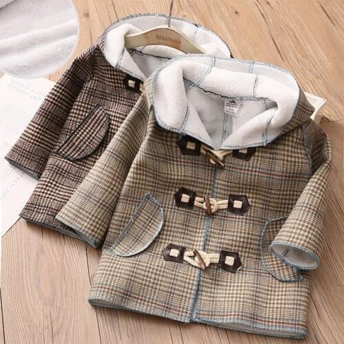 2021 New Plaid Winter Hoody Coat for Girls Kids Plus Velvet Jackets for 2-8 Years Olds Thicken Fleece Pockets Coats