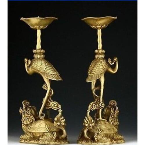 23 cm * / Chinese copper carved a red-crowned cranes tortoise candle holders