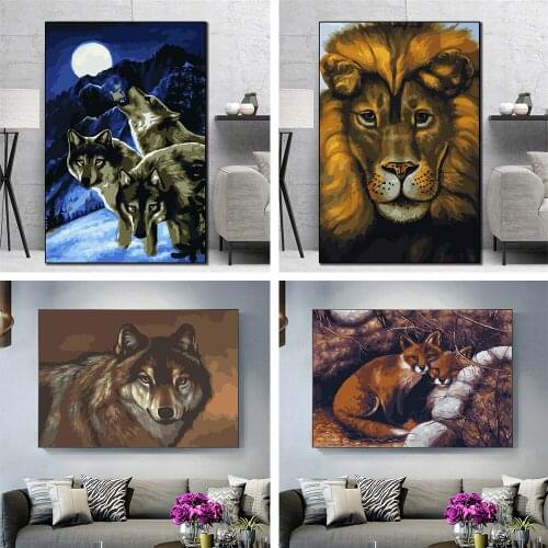 40x50cm Home Decoration Animal Wolf Lion Poster DIY Paint By Number Adult Children Zero Based Acrylic Paint Art Brush Set