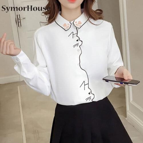 Women Blouses Shirt Embroidery Pattern lovely Cat White Shirt Female Women Tops Long Sleeve Office Girl Shirt Female Blusa
