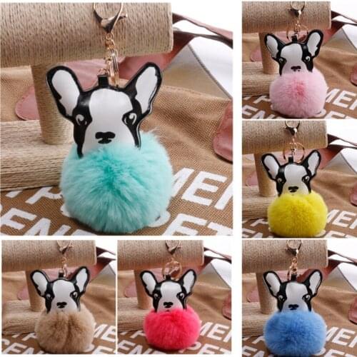 10pcs/Lot Fluffy Faux Rabbit Fur Ball Cute Bulldog Keychain PU Leather Soft Pom Plush Toy Animal Dog Keyring Holder Bag Trinket