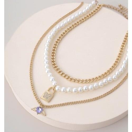 Luxury Elegant Necklace Butterfly Lock Temperament Women Wing Faux Pearls Multilayer Chain for Dating Gift