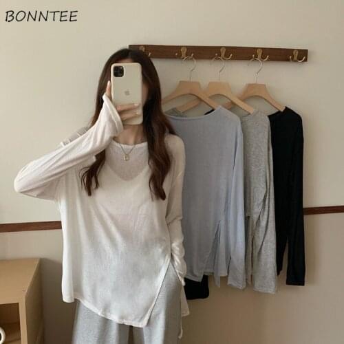 T-shirts Women Summer New Thin Split Irregular Sun-proof Loose All-match Design Long Sleeve Ins Casual 4 Colors Breathable Basic