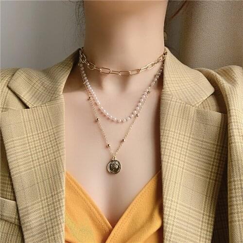 Cool Vintage Carved Coin Pendant Necklace for Women Round Coin Multilayer Choker Collares Necklace Nightclub Jewelry